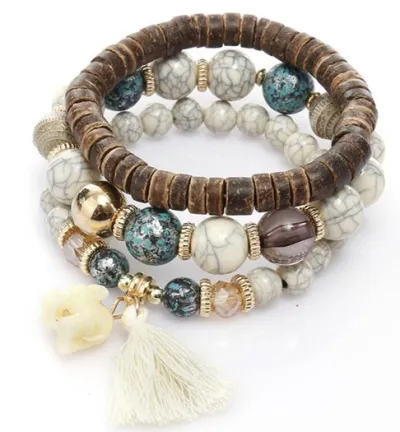 Women Fashion Elephant Wood Cake Beads Turquoise Tassel Bracelet Set