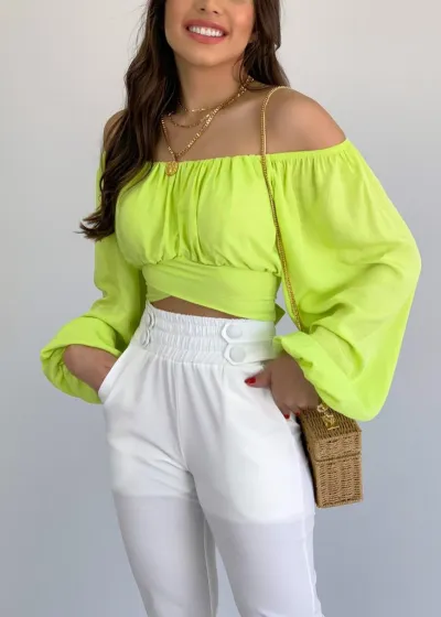 Women Fashion Elegant Solid Color Off-Shoulder Puff Sleeve Crop Top Blouse