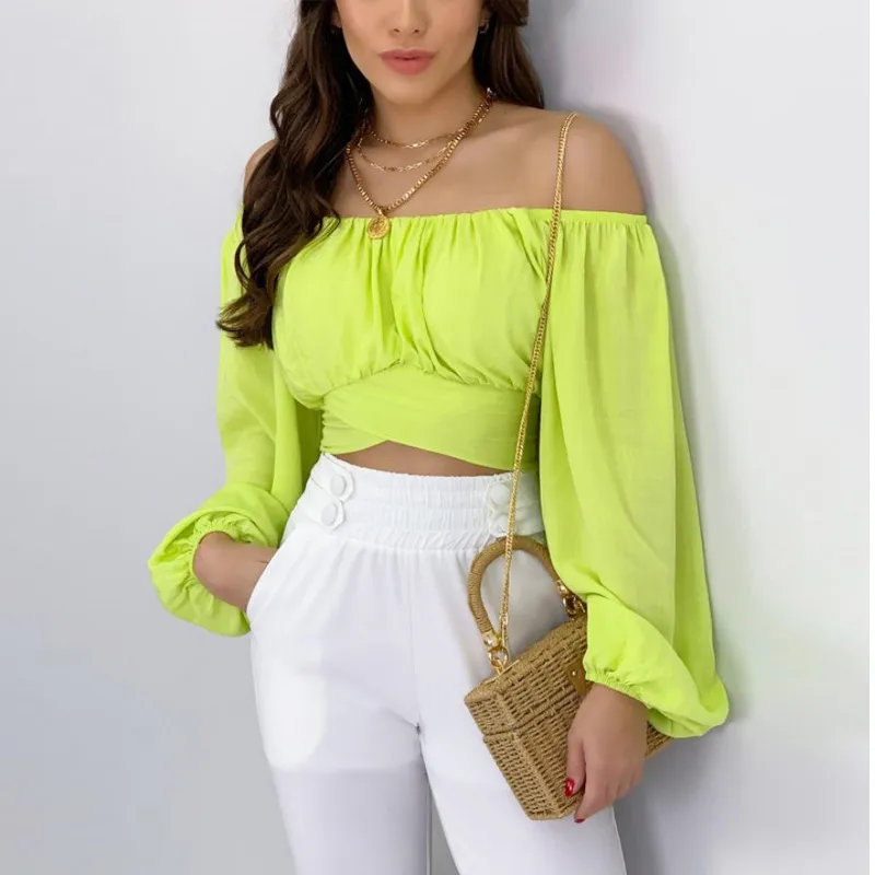 Women Fashion Elegant Solid Color Off-Shoulder Puff Sleeve Crop Top Blouse