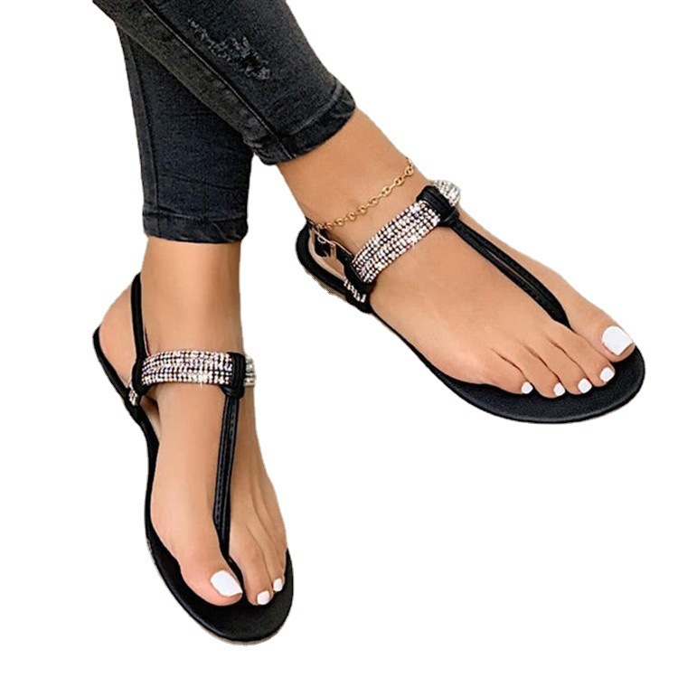 Sorrento Rhinestone Embellished Flat Sandals In Black | Larena Fashion |  SilkFred