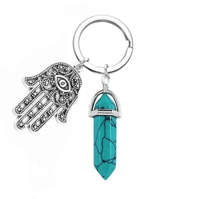 Evil Eye Palm Natural Stone Crystal Hexagon Pillar Key Chain