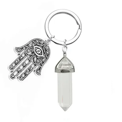 Evil Eye Palm Natural Stone Crystal Hexagon Pillar Key Chain