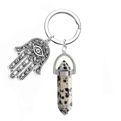 Evil Eye Palm Natural Stone Crystal Hexagon Pillar Key Chain