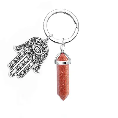 Evil Eye Palm Natural Stone Crystal Hexagon Pillar Key Chain