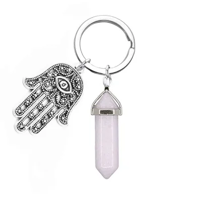 Evil Eye Palm Natural Stone Crystal Hexagon Pillar Key Chain