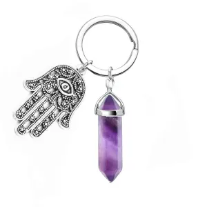 Evil Eye Palm Natural Stone Crystal Hexagon Pillar Key Chain