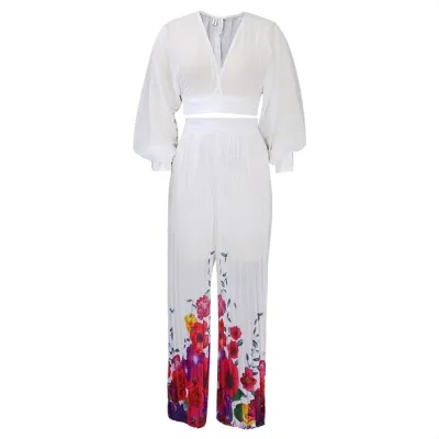 Women's Chiffon V-Neck Top with Printed Wide-Leg Pants Set