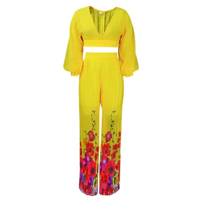 Women's Chiffon V-Neck Top with Printed Wide-Leg Pants Set