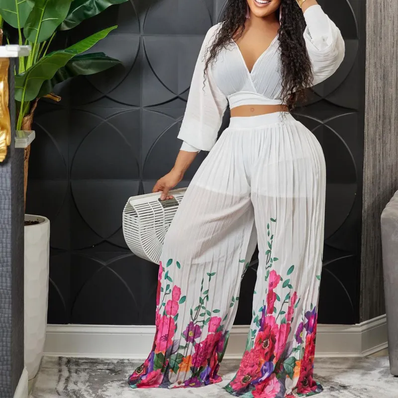 Women's Chiffon V-Neck Top with Printed Wide-Leg Pants Set