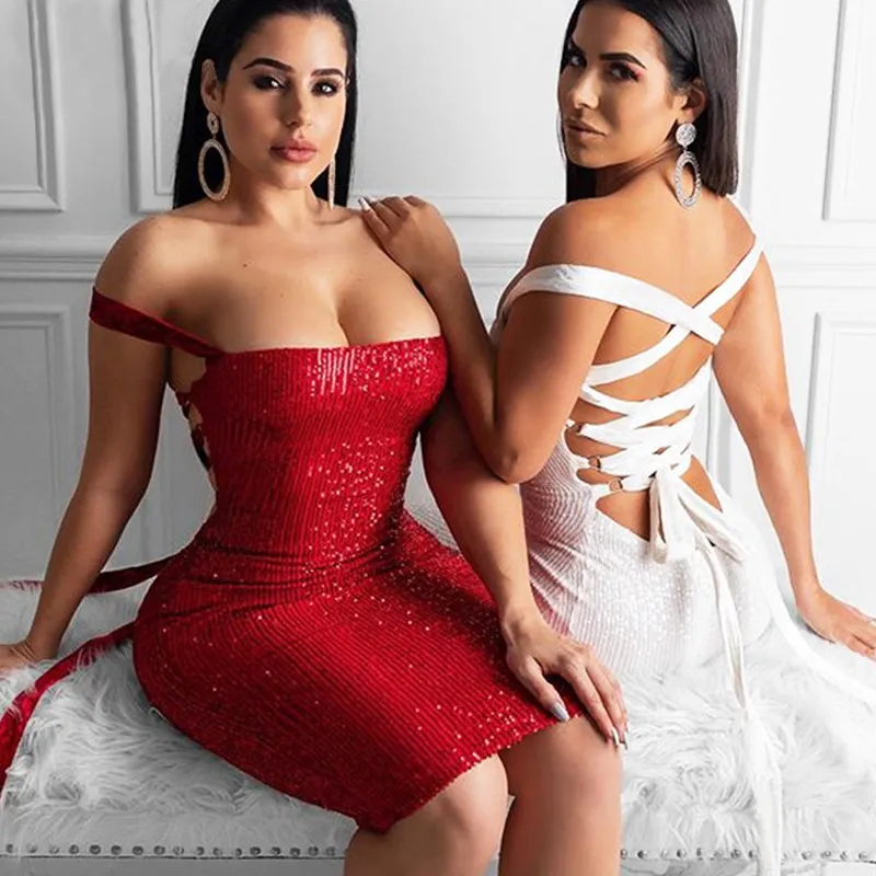 Women Sequin Backless Lace-Up Sleeveless Elegant Party Dress