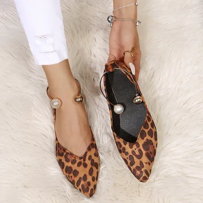 Plus Size Women Fashion Shallow Suede Flat Leopard Pearl Slip On Loafers