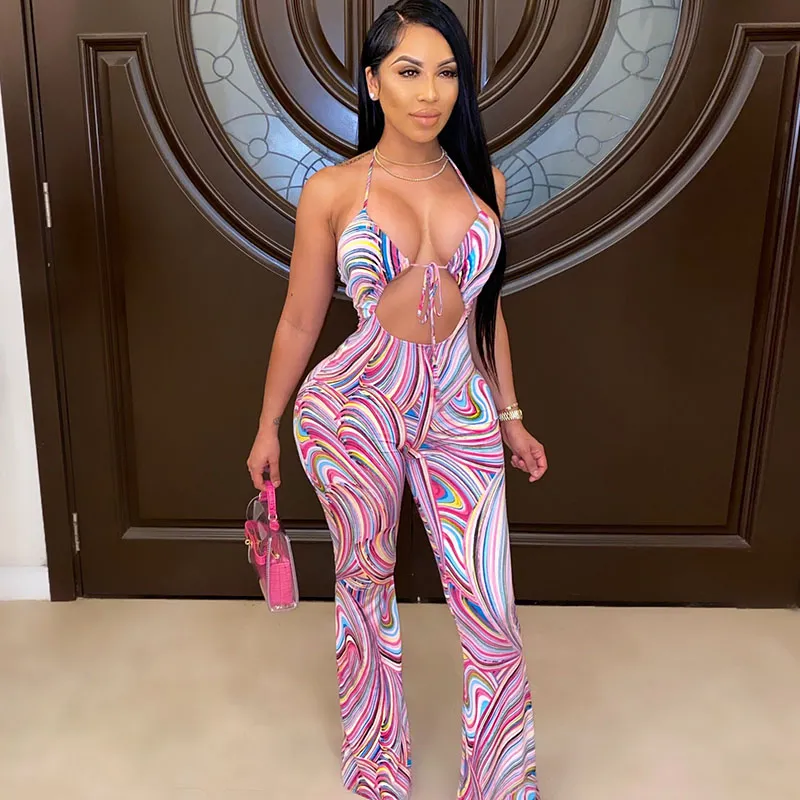 Summer Women Sexy Slim Halter Neck Strappy Printed Jumpsuit