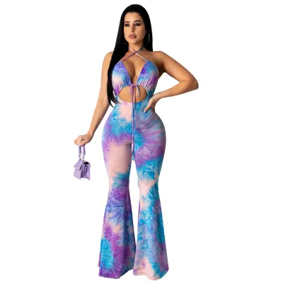 Summer Women Sexy Slim Halter Neck Strappy Printed Jumpsuit