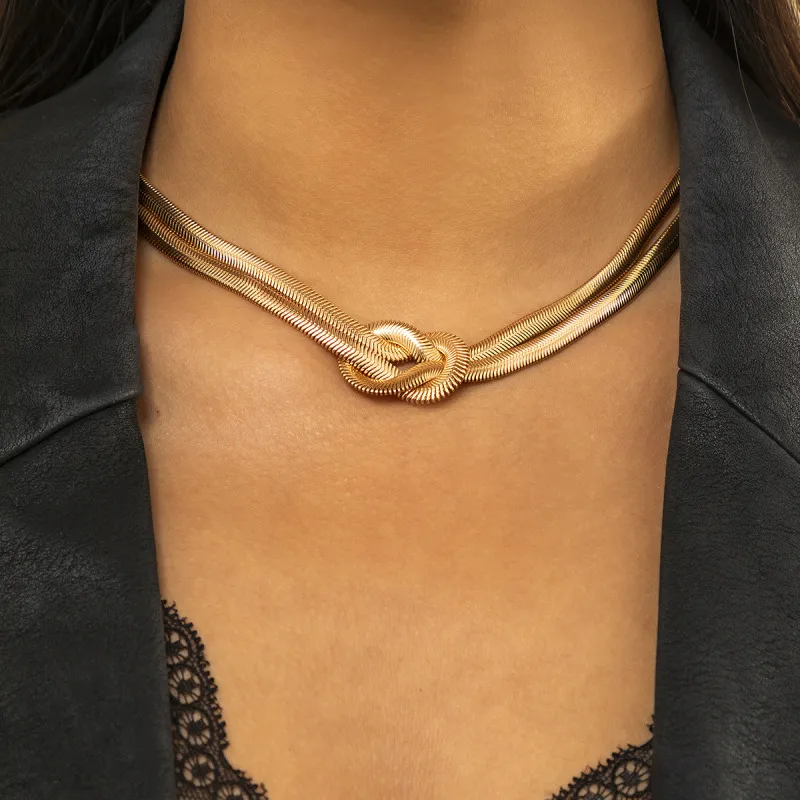 Metal Knotted Chain Necklace for Women Punk Hip Hop Geometric Clavicle Snake Chain