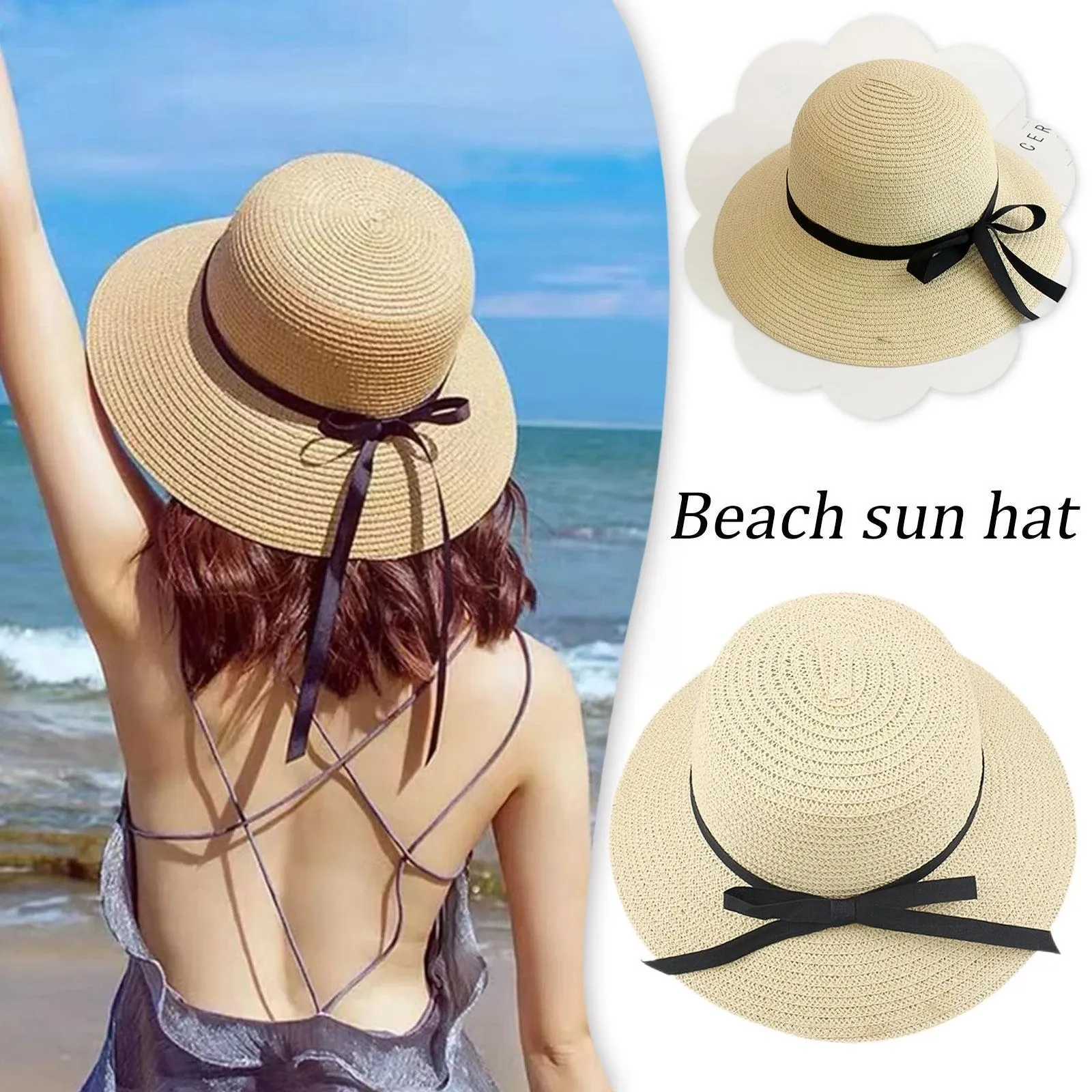 Women's Fashion Black Ribbon Bow Sun Protection Folding Sun Hat