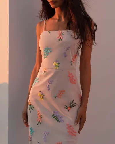 Women Sweet Mesh Floral Embroidery Suspender Dress