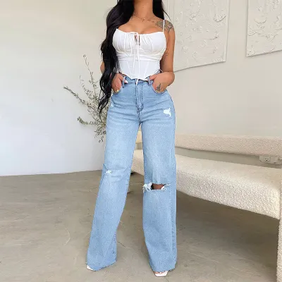 Women's Casual High Waist Ripped Wide Leg Jeans