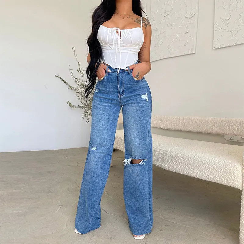 Women's Casual High Waist Ripped Wide Leg Jeans