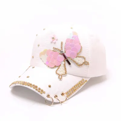 Women's Fashion Butterfly Sequin Rhinestone Peaked Brim Sun Cap