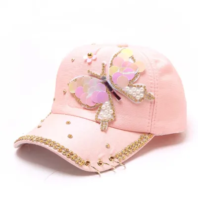 Women's Fashion Butterfly Sequin Rhinestone Peaked Brim Sun Cap