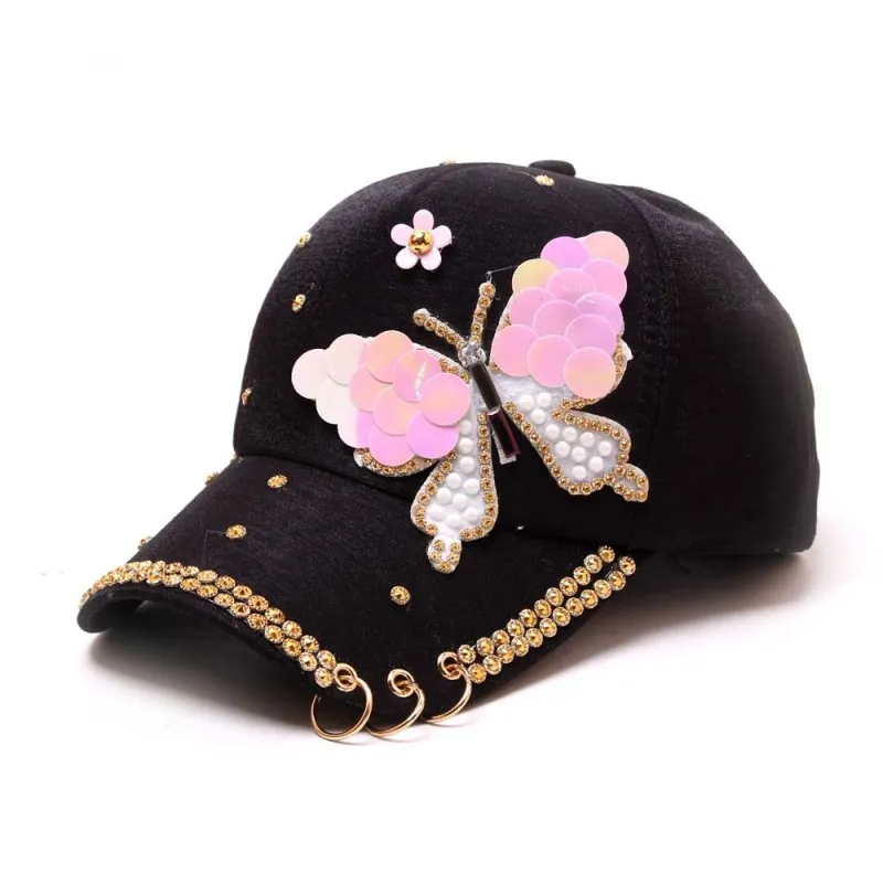 Women's Fashion Butterfly Sequin Rhinestone Peaked Brim Sun Cap