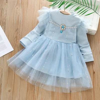 Children Kids Baby Fashion Girls Long Sleeve Rhinestones Princess Mesh Dress