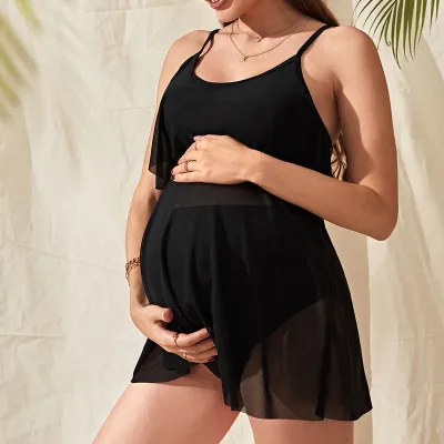 Women Solid Color Loose Maternity Spaghetti Strap Two-Piece Swimsuit