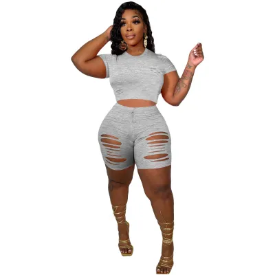 Women Round Neck Short Sleeve Cropped Top Ripped Casual Shorts Set