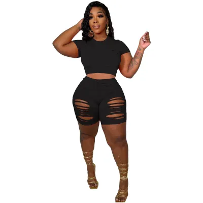 Women Round Neck Short Sleeve Cropped Top Ripped Casual Shorts Set