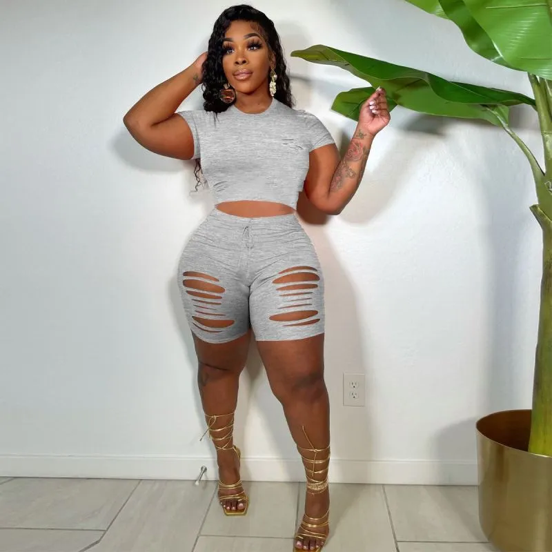 Women Round Neck Short Sleeve Cropped Top Ripped Casual Shorts Set