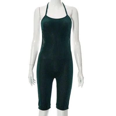 Women Halter Neck Backless Suede Striped Rompers