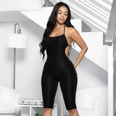 Women Halter Neck Backless Suede Striped Rompers
