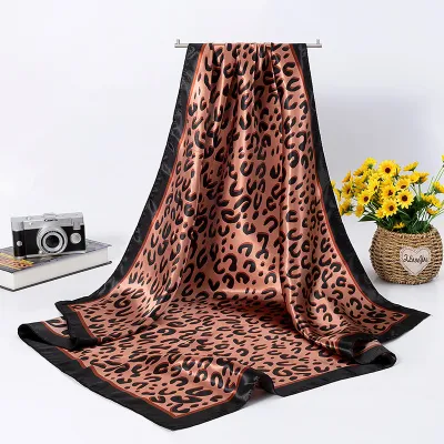 9090Cm WomenS Fashion Silky Satin Leopard Print Silk Scarf