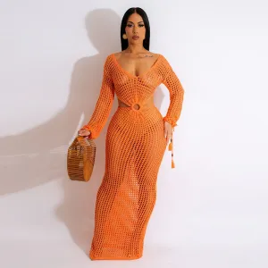 Women's Sexy Hollow Deep V Knitted Maxi Cover-Up Dress