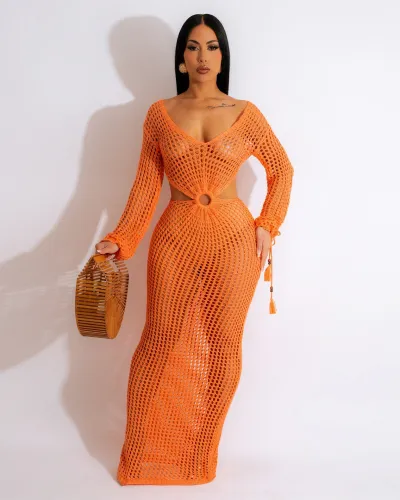 Women's Sexy Hollow Deep V Knitted Maxi Cover-Up Dress