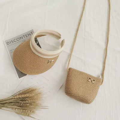 Children Kids Baby Fashion Girls Cartoon Knot Woven Straw Shoulder Bag And Hat