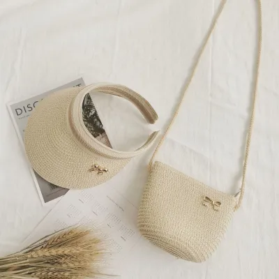 Children Kids Baby Fashion Girls Cartoon Knot Woven Straw Shoulder Bag And Hat