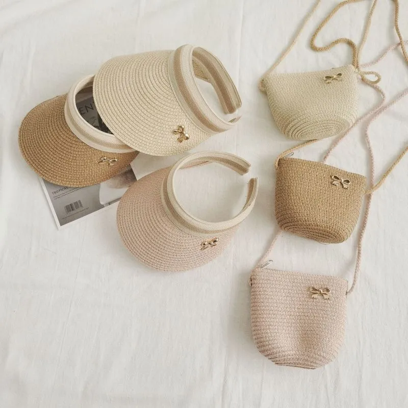 Children Kids Baby Fashion Girls Cartoon Knot Woven Straw Shoulder Bag And Hat