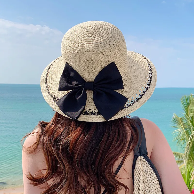 Sun Hats Woman Straw Gauze Bow Ribbon Large Brim Sunshade Outing Fashion  Beach Holiday Hat (Color : Beige, Size : One Size)
