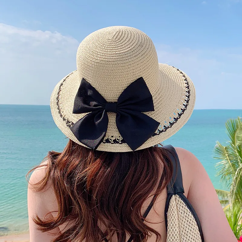 Women Summer Beach Straw Hat Casual Wide Brim Bowknot Straw Hat