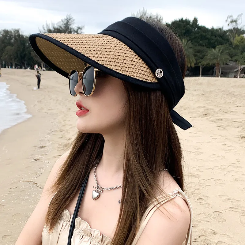 Summer Women's Fashion Casual Sunshade Sunscreen Curved Eaves Color Matching Straw Empty Top Sun Hat