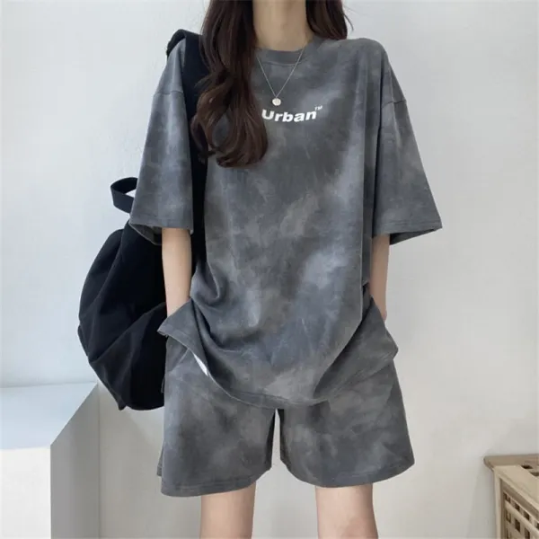 Women Casual Athleisure Tie-Dye Short-Sleeved T-Shirt Loose Shorts Two-Piece Set