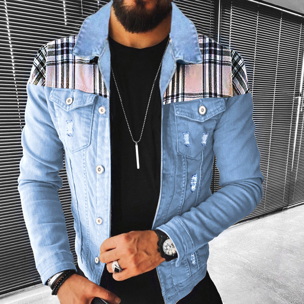 Trim Color Block Denim Jacket Men's Casual Street Style - Temu