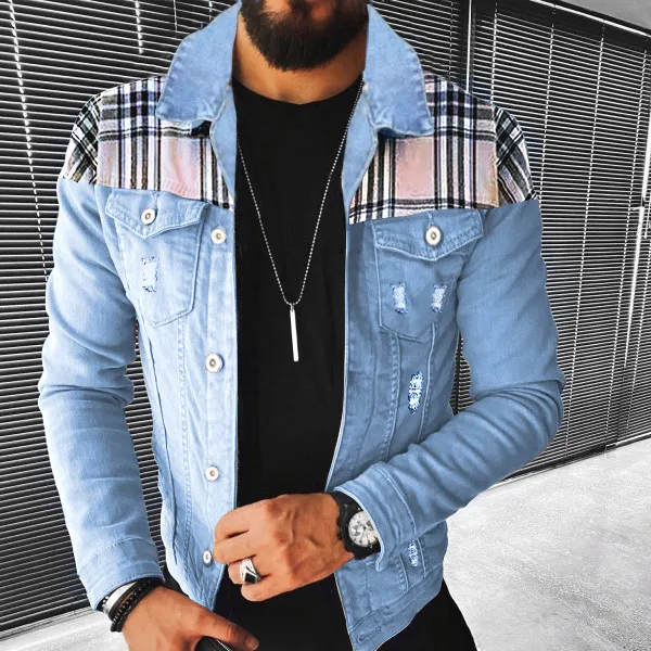 Men's Hip Hop Multi-Pocket Color-Block Denim Jacket