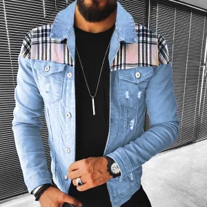 Men's Hip Hop Multi-Pocket Color-Block Denim Jacket