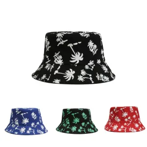 Unisex Fashion Coconut Tree Cotton Flat Top Bucket Hat Weatherproof