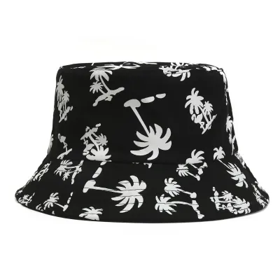 Unisex Fashion Coconut Tree Cotton Flat Top Bucket Hat Weatherproof