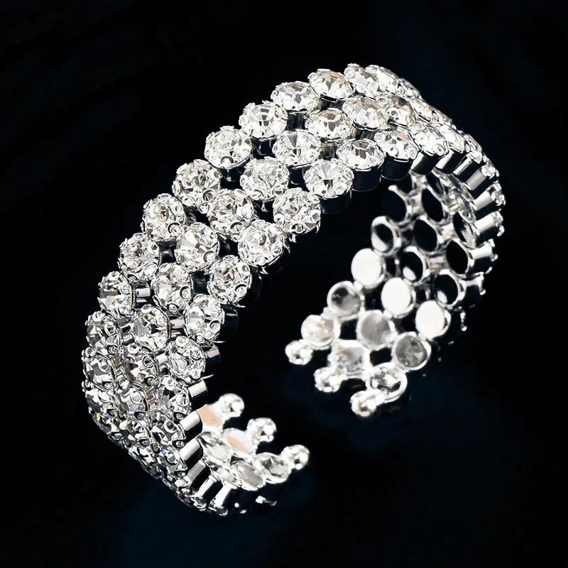 Women's Fashion Three Rows Full Diamond Lace Round Diamond Cuff Bracelet