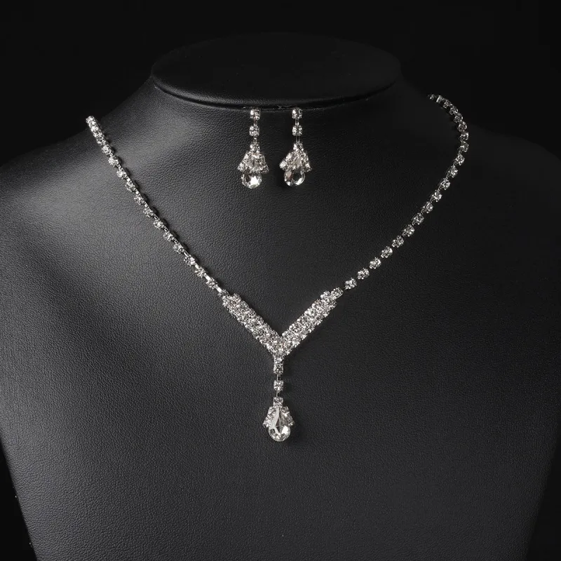 Fashion Drop Shiny Silver Plated Prong Chain Rhinestone Bridal Jewelry Necklace Earrings Set Two-Piece