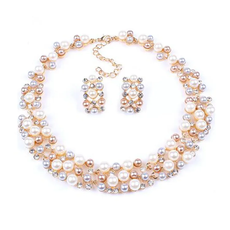 Trendy Imitation Pearl Cropped Bridal Necklace Earrings Two-Piece Set